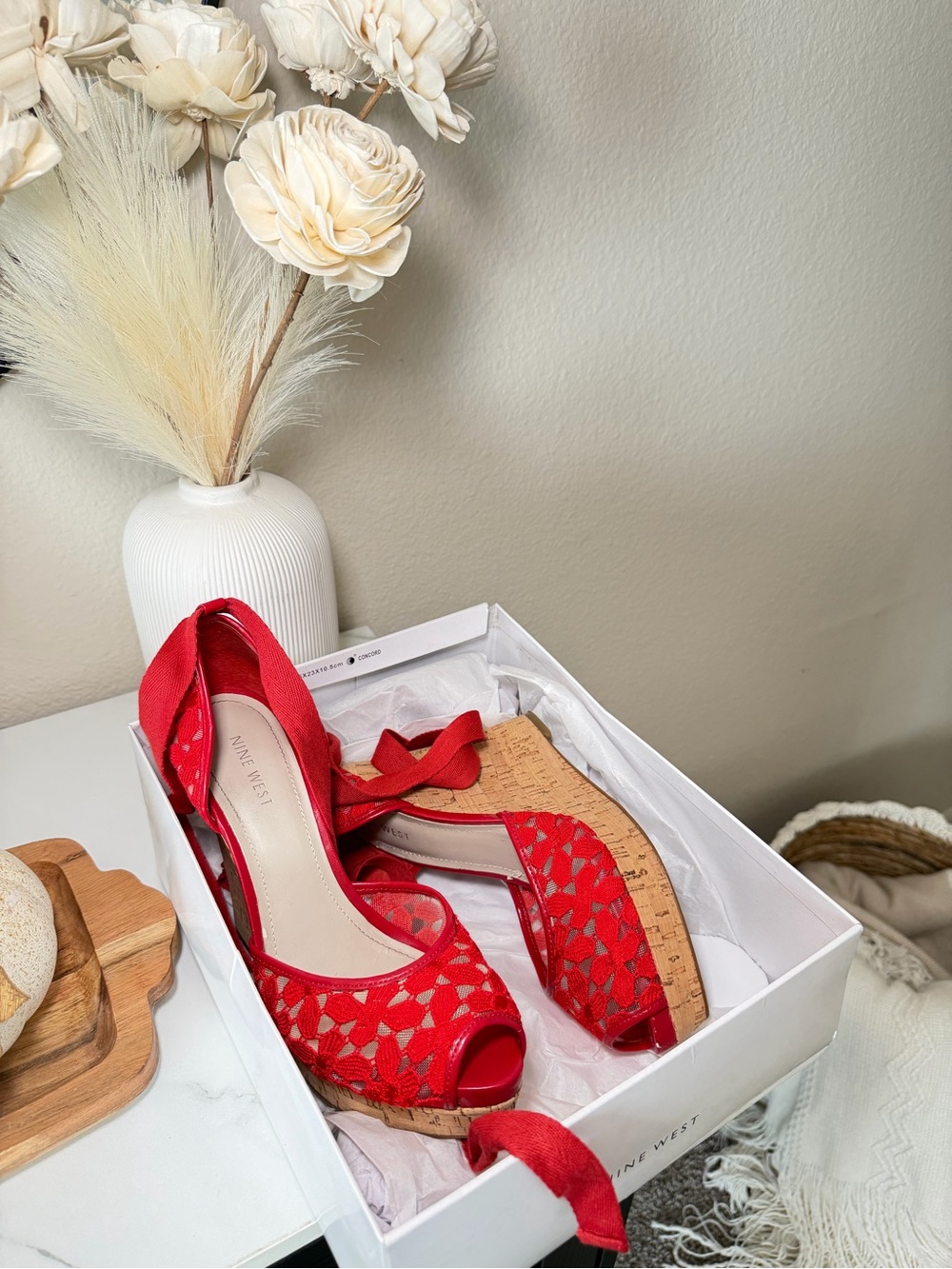 Nine West Red Lace Cork Wedge Espadrille Sandals